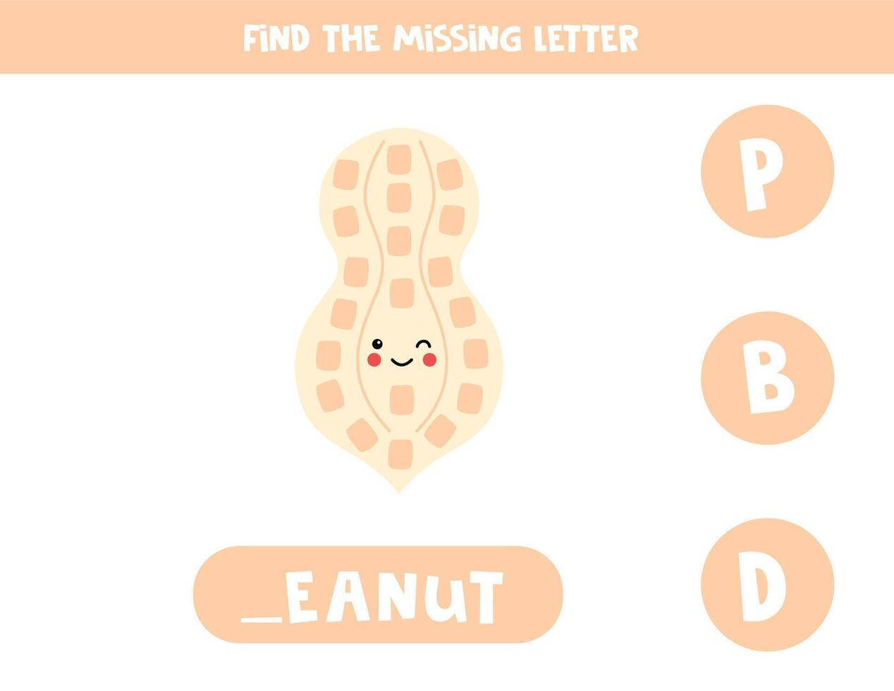 Find missing letter with cartoon peanut. Spelling worksheet. vector