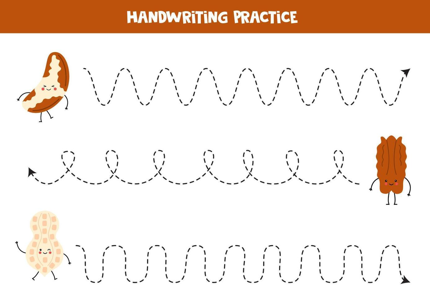 Tracing lines for kids. Cute cartoon kawaii nuts. Handwriting practice for children vector