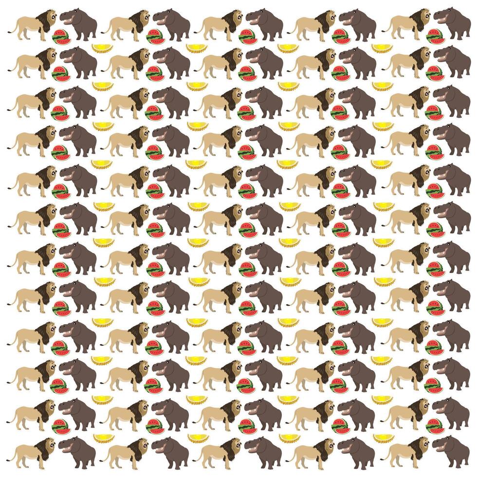 lion, hippopotamus with fruit as a pattern background vector