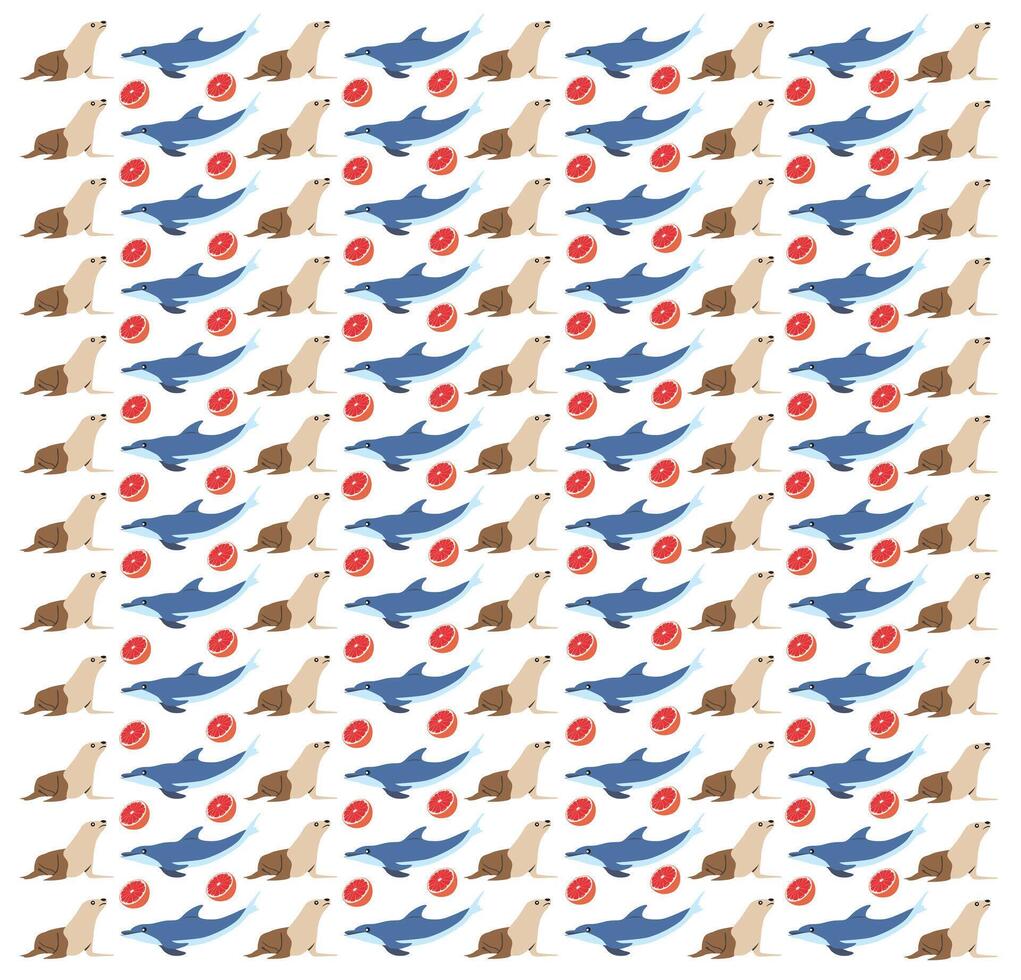 dolphin, seal with fruit as a pattern background vector