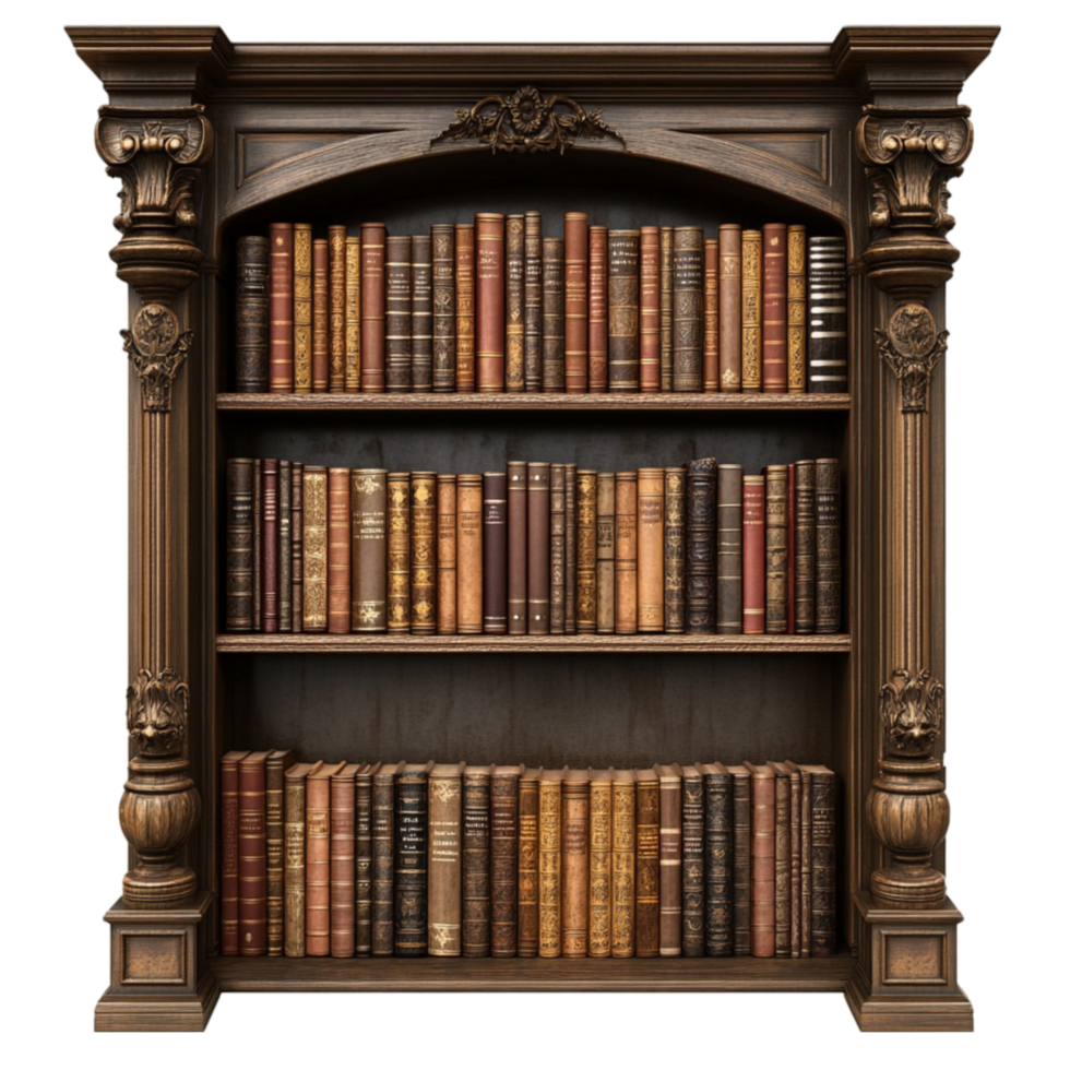 an old book shelf with books on it transparent background. png