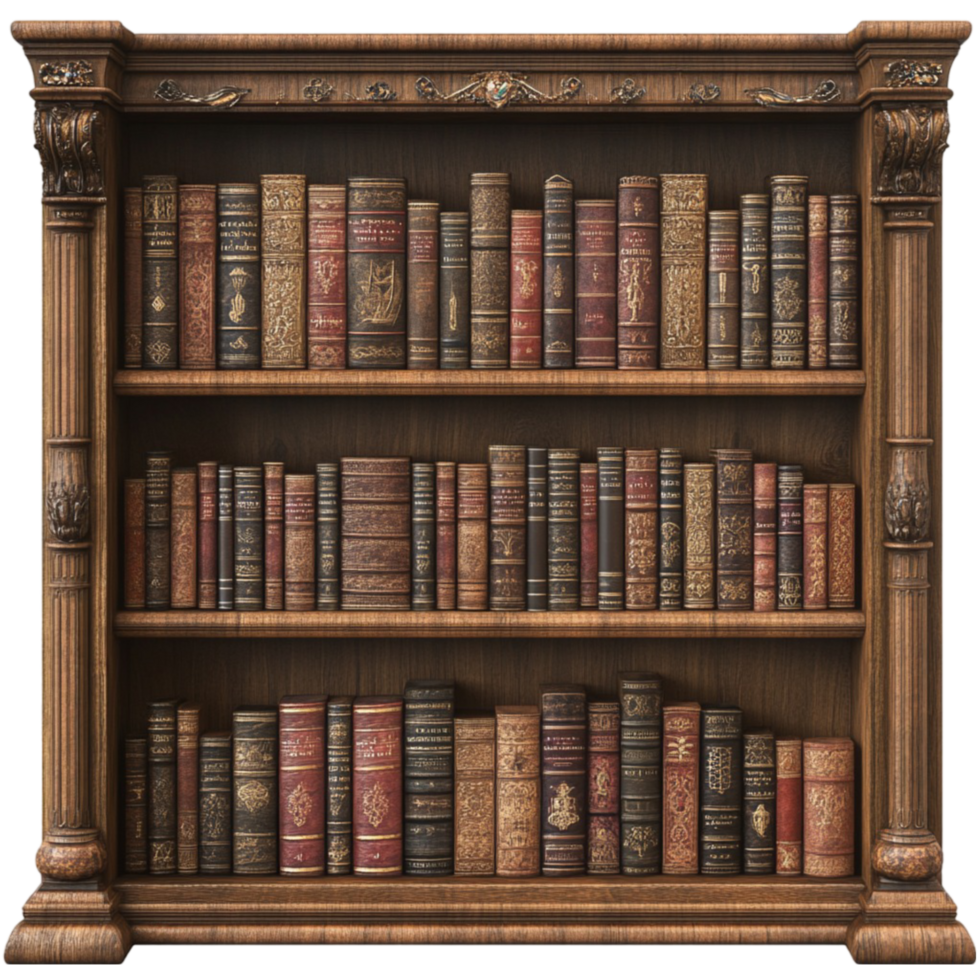 An old book shelf with many books on transparent background png