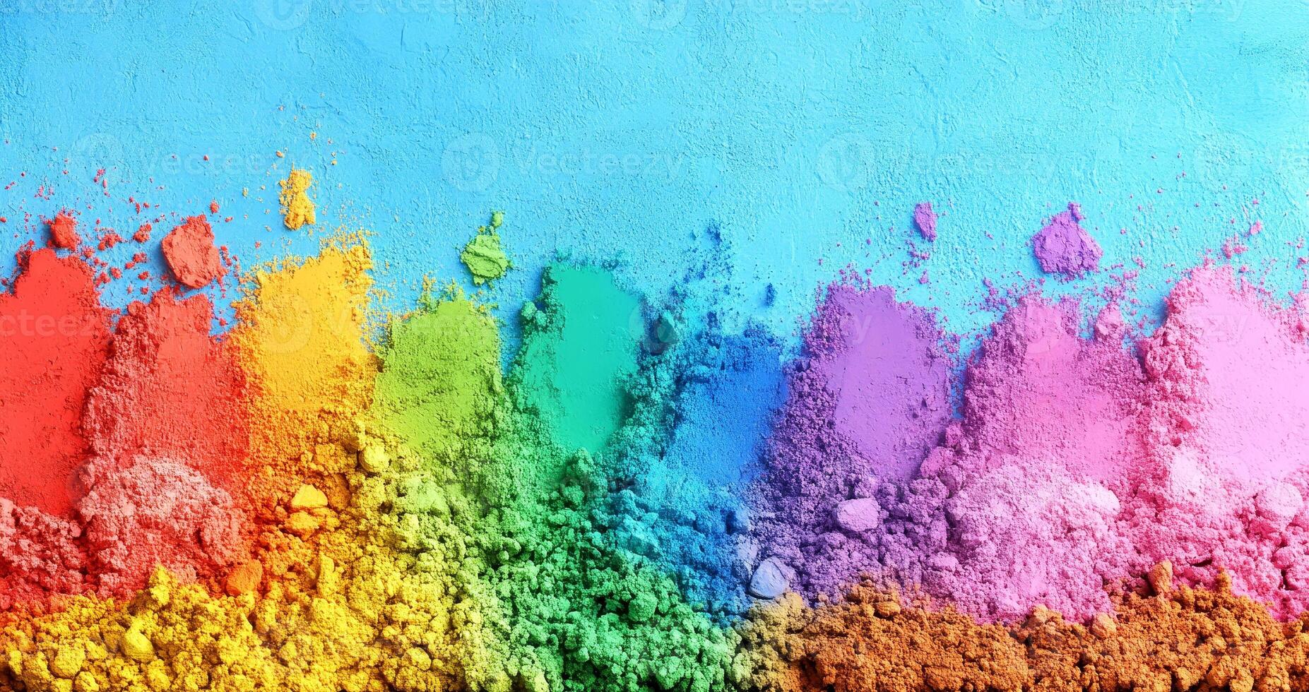 A striking abstract design presents a vivid spectrum of colored powder layers ranging from red to purple, set against a bright blue backdrop, evoking creativity and energy photo