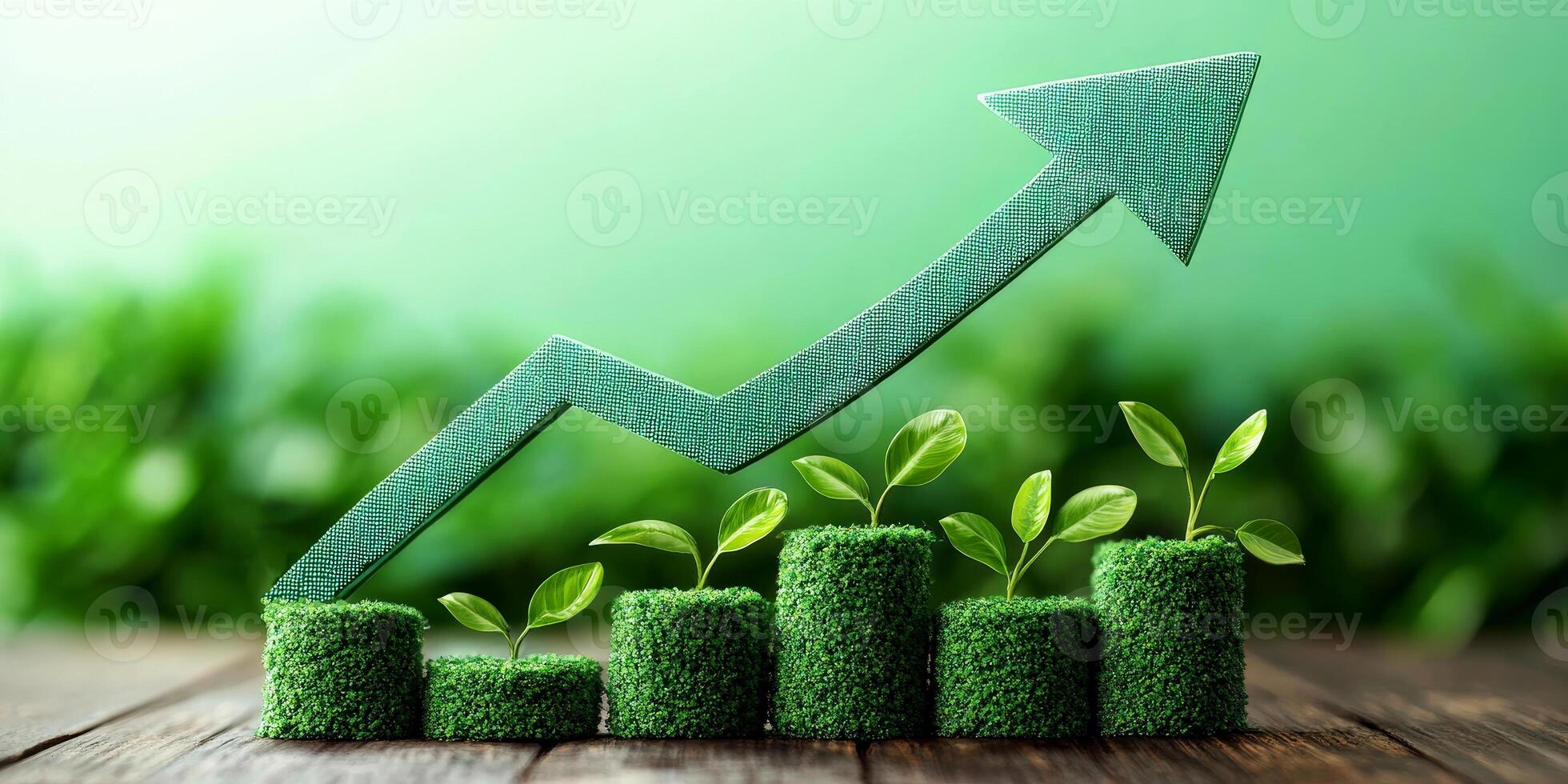Sustainable growth metrics are depicted with green bar charts and an upward arrow surrounded by lush foliage, symbolizing flourishing business potential in a serene setting photo
