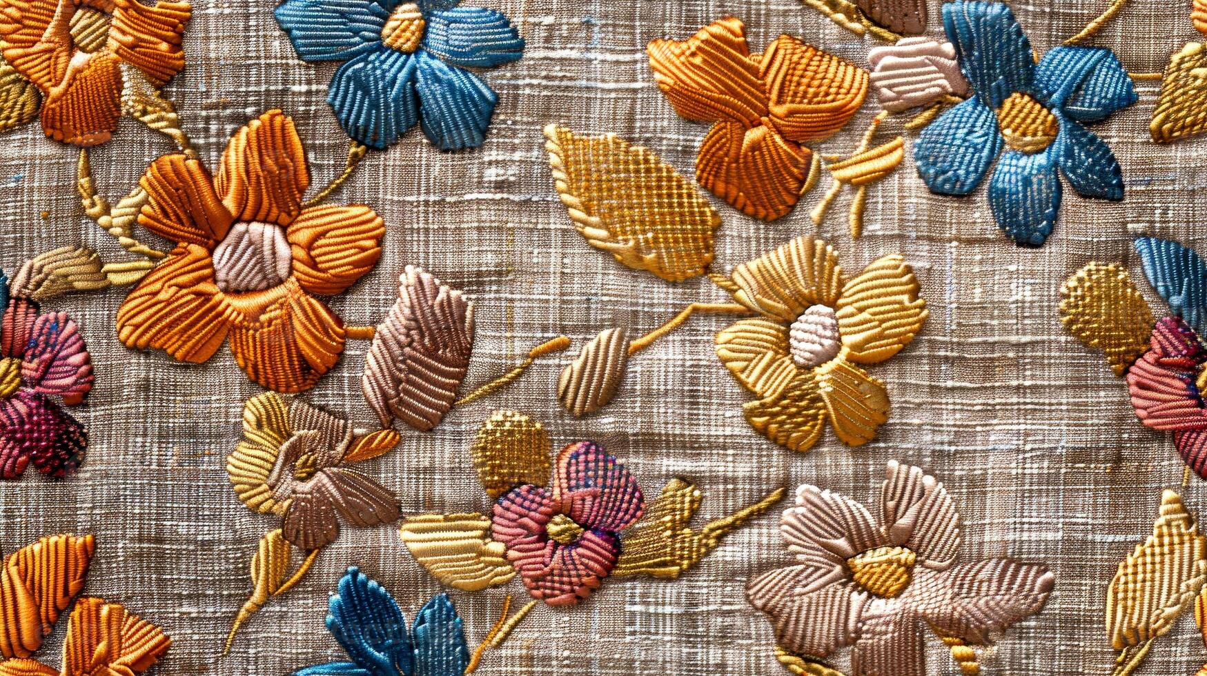 Colorful floral embroidery is intricately stitched on a natural textured background, highlighting craftsmanship and artistic detail in textile design photo