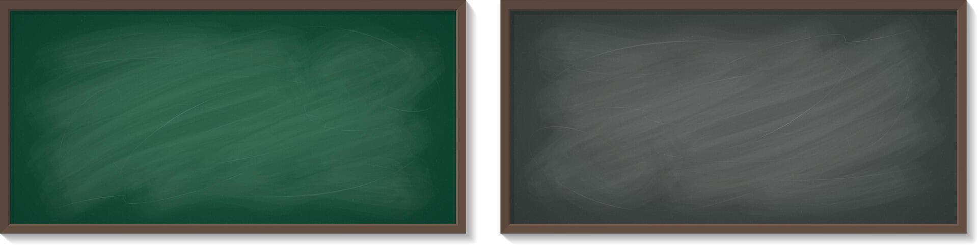 Two classic green and dark gray chalkboards with a wooden frames, empty school blackboards for classroom, cafe or restaurant menu, for educational or back-to-school designs vector