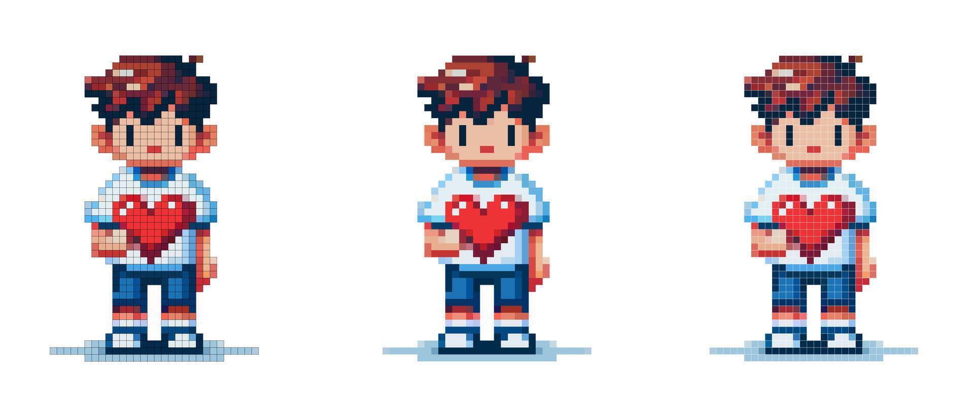 Pixel art of a character with short brown hair, wearing a white t-shirt, blue shorts and white sneakers, holding a red heart. vector