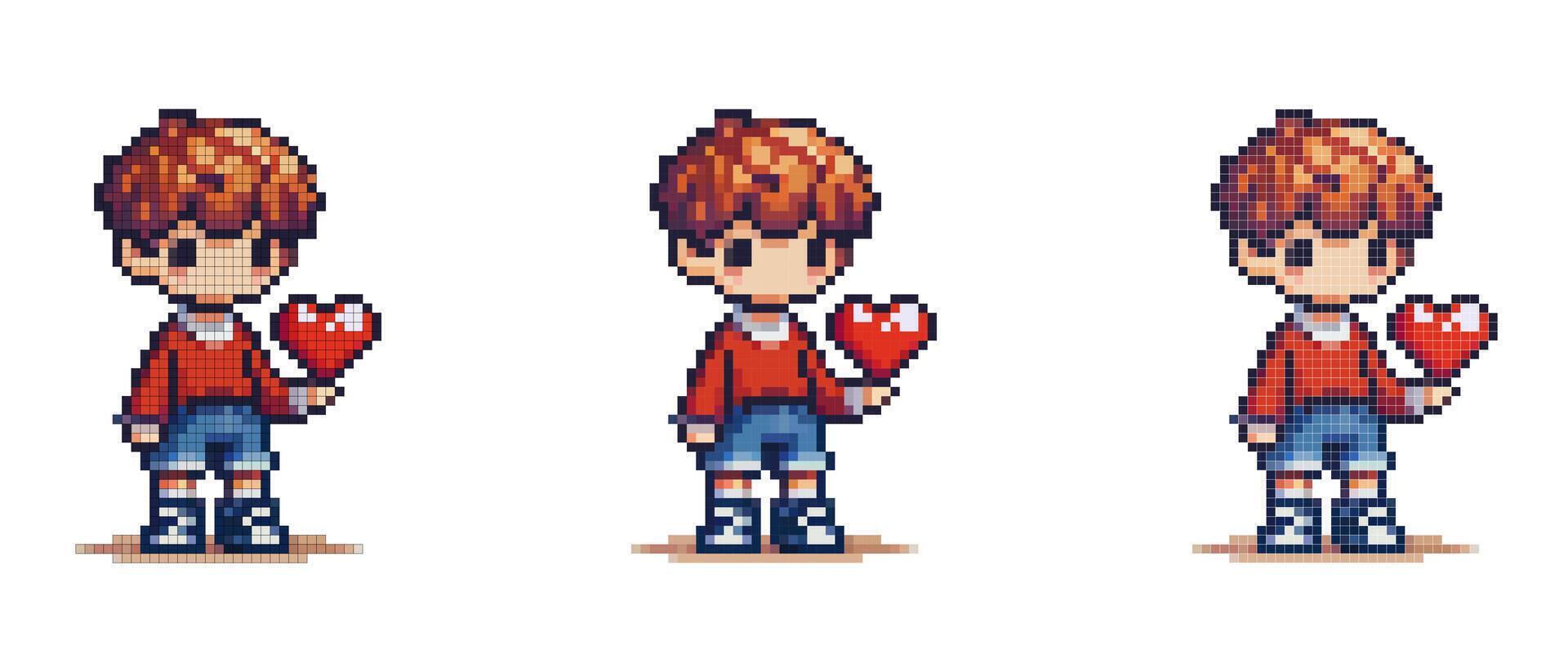 Pixel art of a character with short brown hair, wearing a red sweater, blue shorts, and white sneakers, holding a red heart on a white background. vector