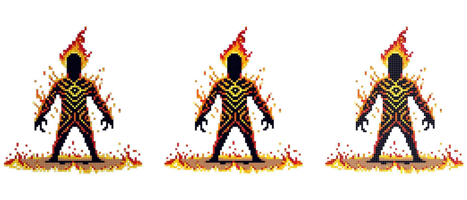 Hero of fire with blazing armour in a dynamic pose vector