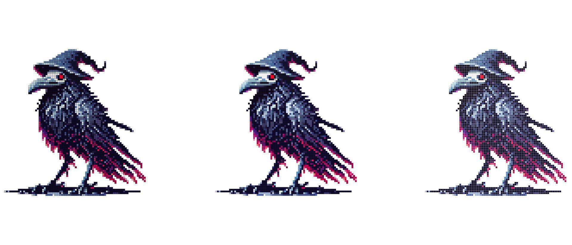 Pixel art of a raven in a hat, giving it a mystical and magical look vector