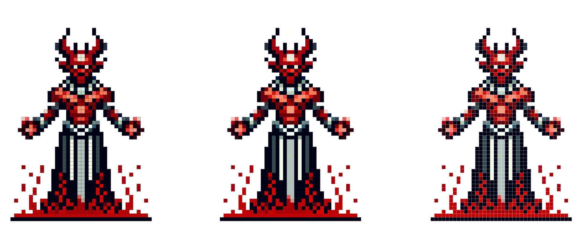 A pixelated image of Lucifer with a menacing appearance, in black and red armor, with fire around his legs, on a white background. vector