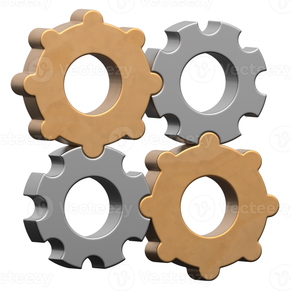 Interlocked Gears and Cogs 3D rendered png
