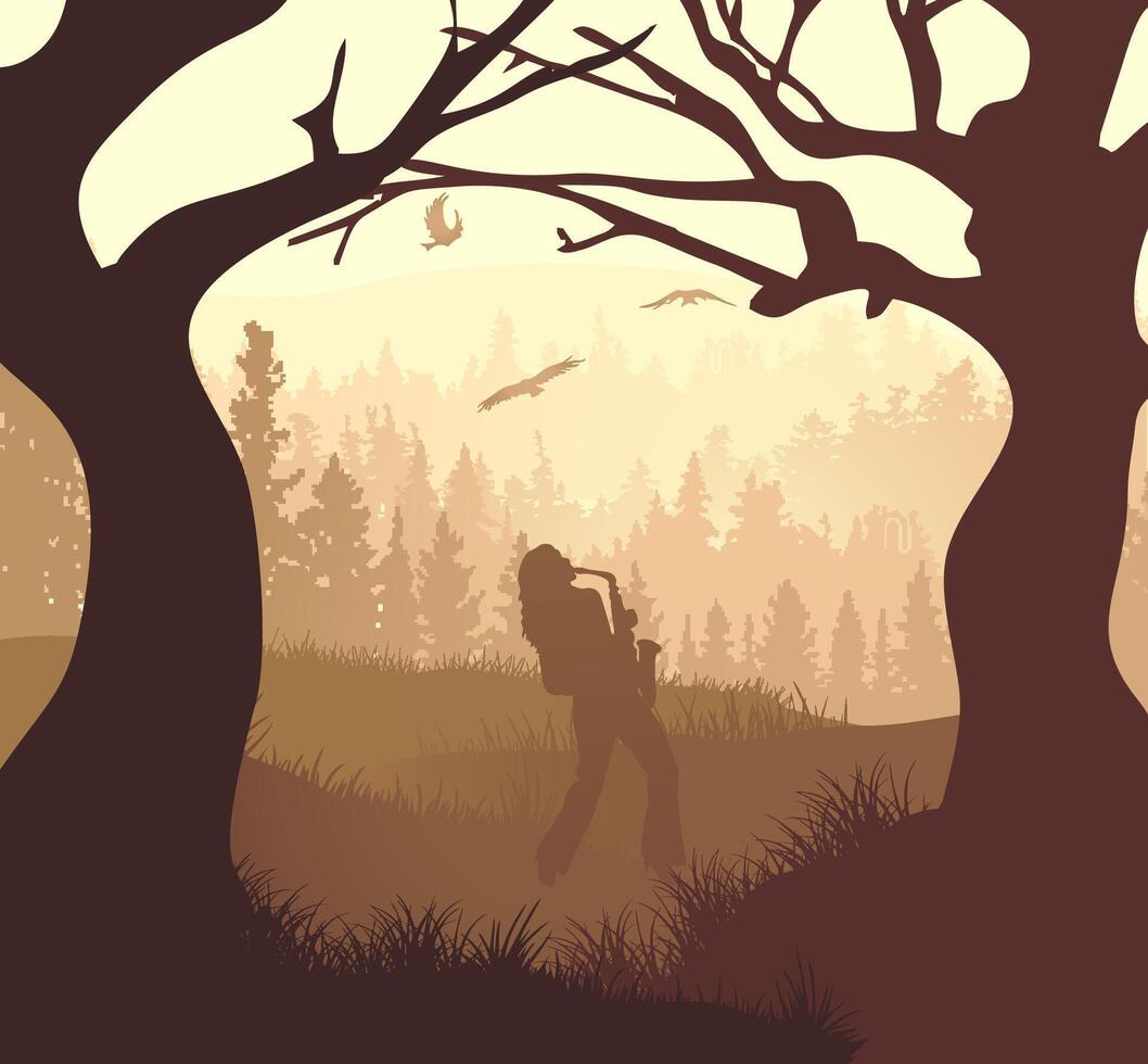 A girl plays the saxophone in the forest against the background of mountains vector