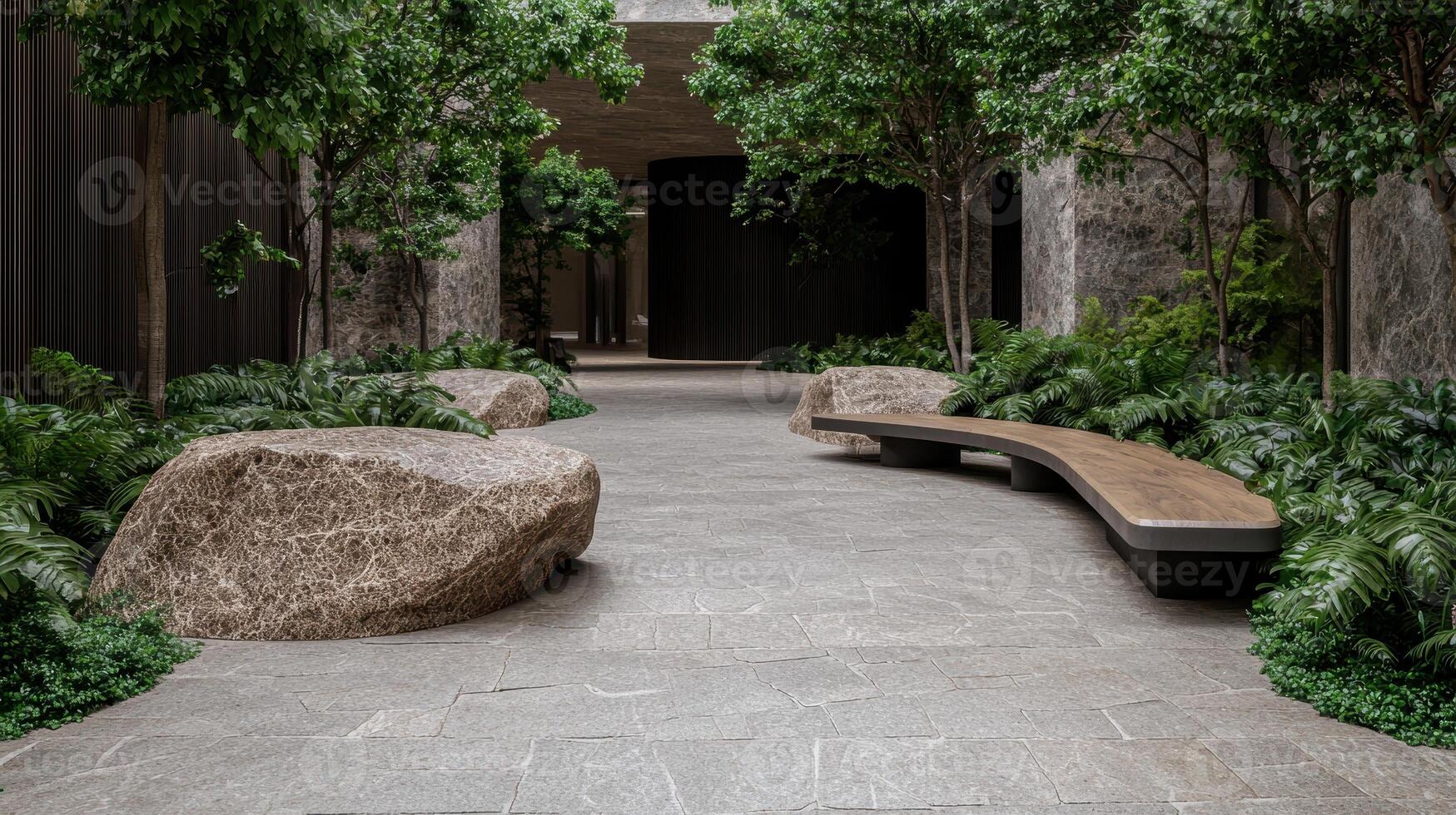 Modern courtyard with stone benches and lush greenery photo