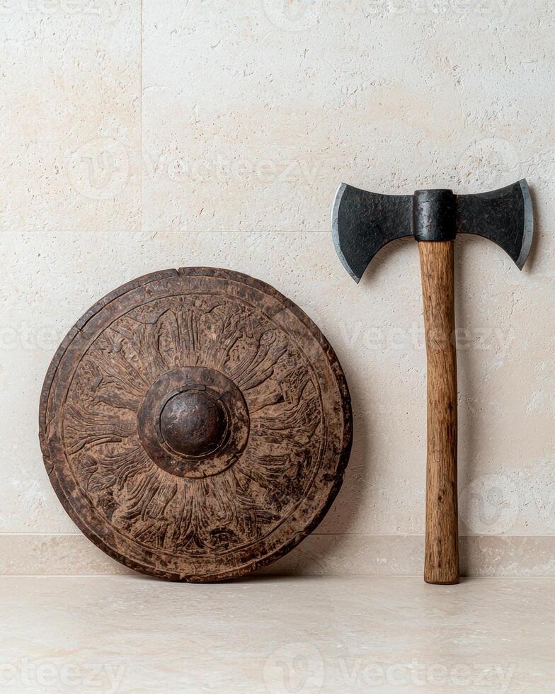 Ancient wooden shield and battle axe against a beige stone wall photo