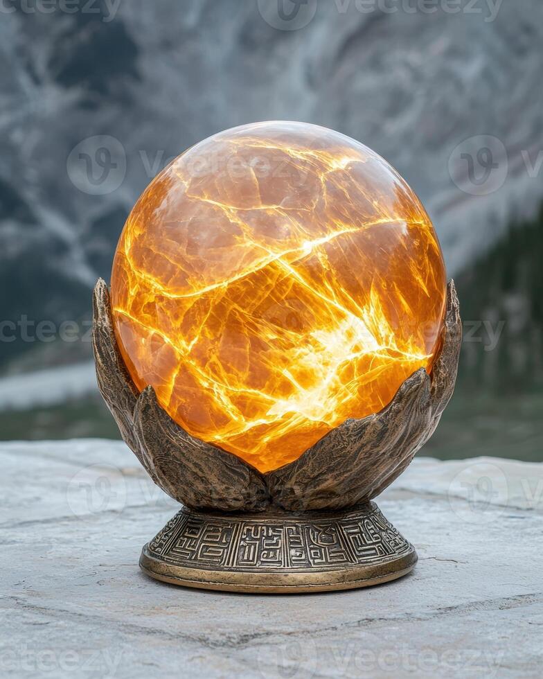 Illuminated Onyx Sphere Lamp on Ornate Base photo