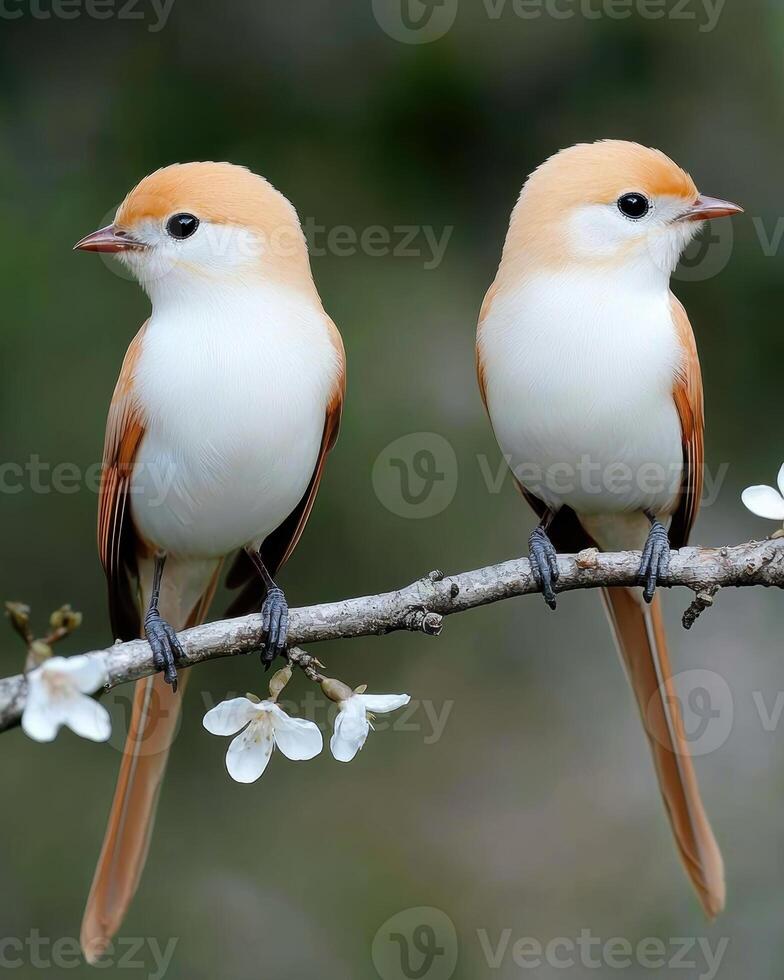 Two beautiful birds perched on a branch with white flowers photo