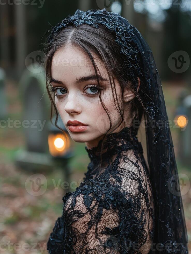 Gothic bride in black lace dress and veil in a forest photo