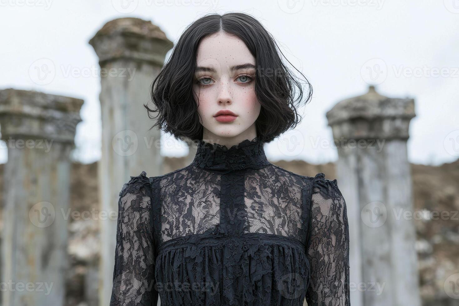 Portrait of a young woman with dark hair and freckles, wearing a black lace dress, standing in front of ancient ruins photo