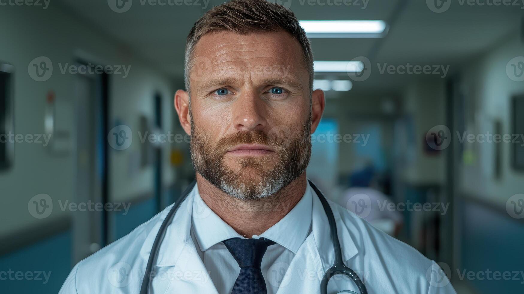 Portrait of a serious doctor in a hospital hallway photo