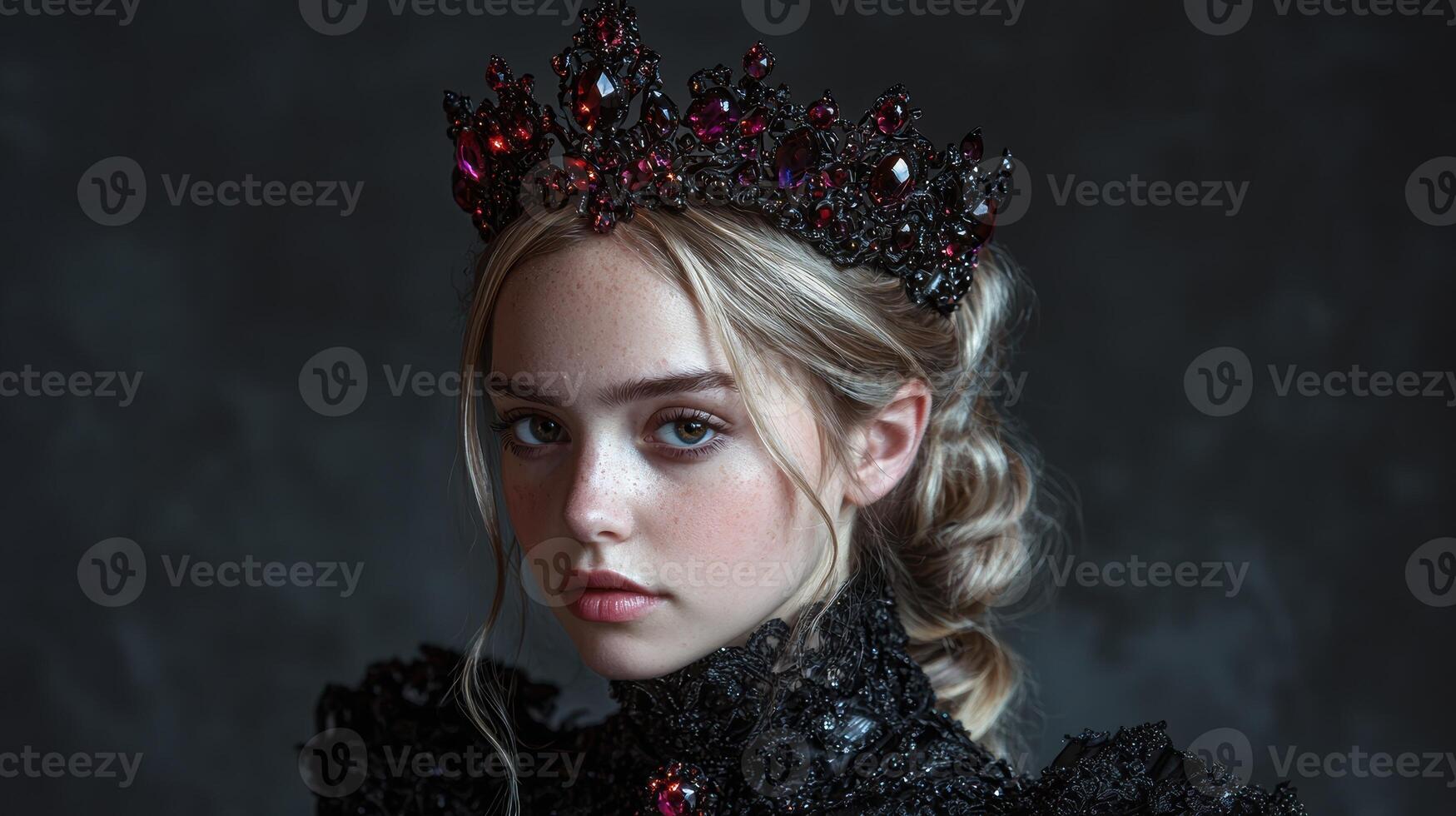Portrait of a young woman wearing a dark crown with red jewels photo