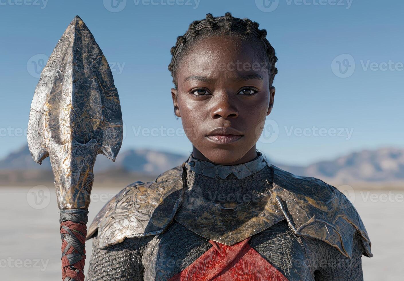 Female warrior in futuristic armor holding a spear photo