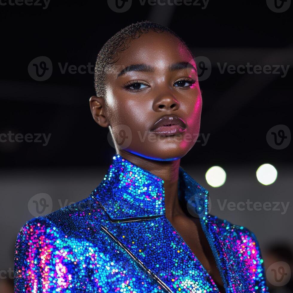 Stylish woman in a sparkling blue blazer photo