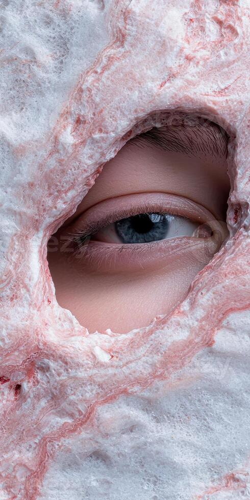 Close up of a womans eye peering through a hole in a pink and white textured surface photo