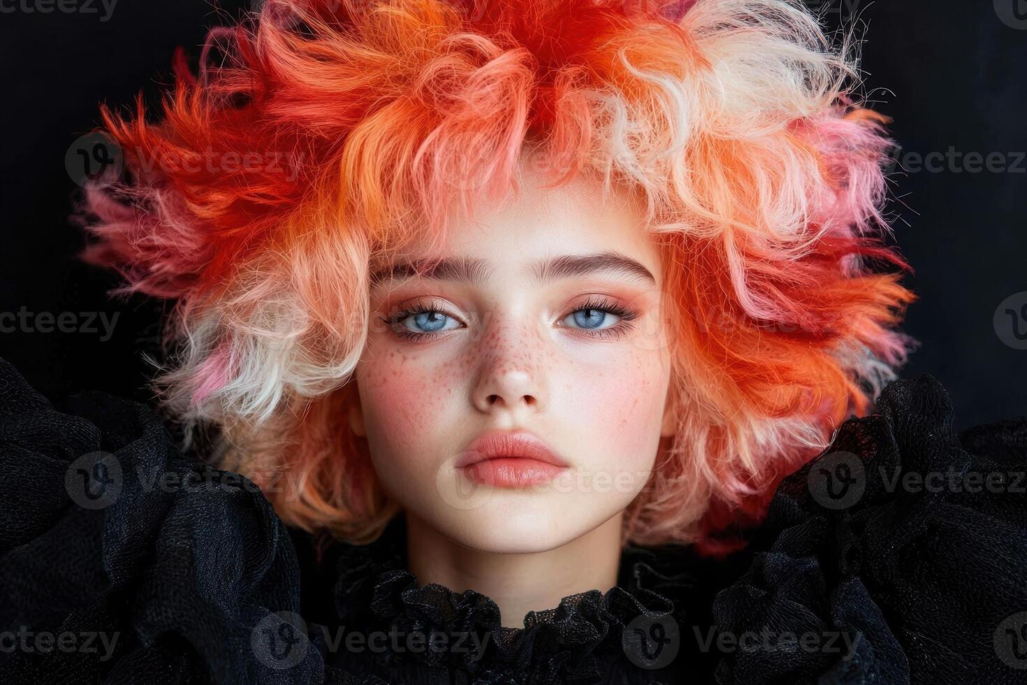 Close up portrait of a young woman with vibrant orange and white hair photo