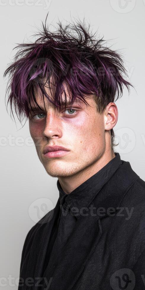 Stylish young man with purple hair and black suit jacket photo