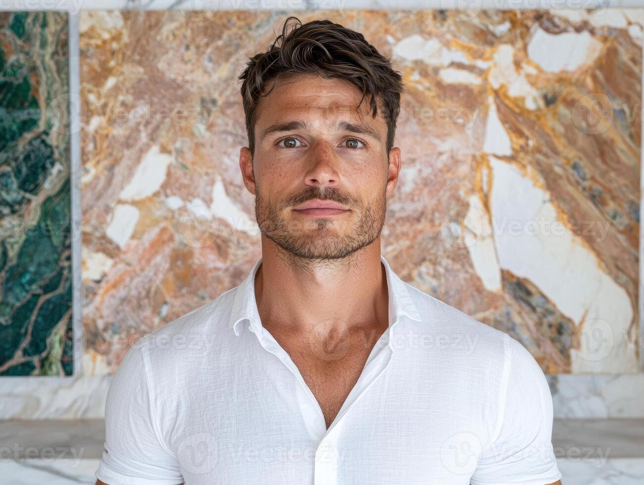 a man in a white shirt standing in front of a marble wall photo