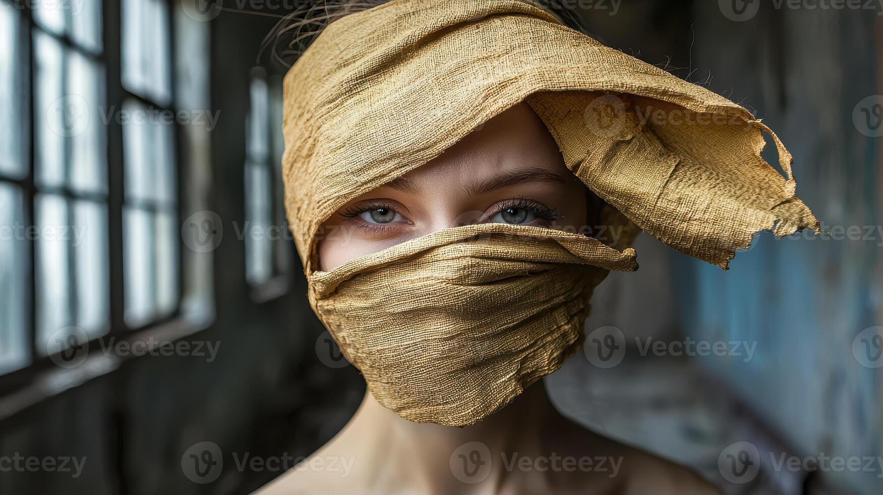 Mysterious woman with face covered by golden fabric photo