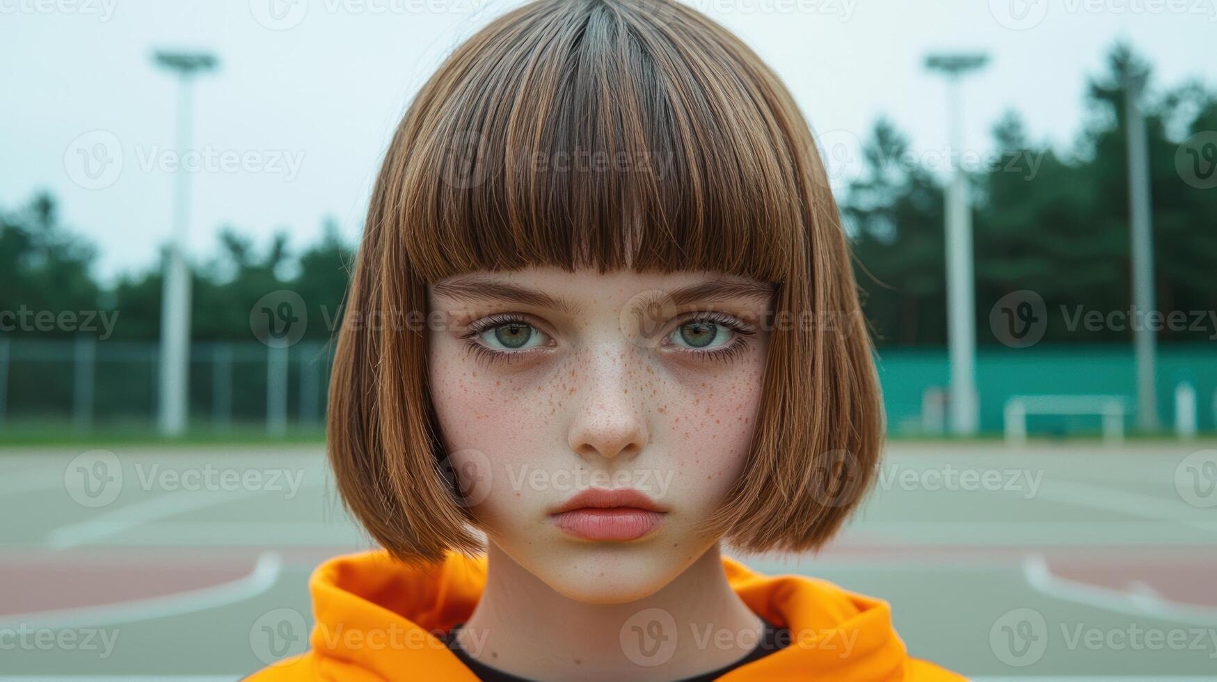 Portrait of a young girl with freckles and a brown bob haircut photo