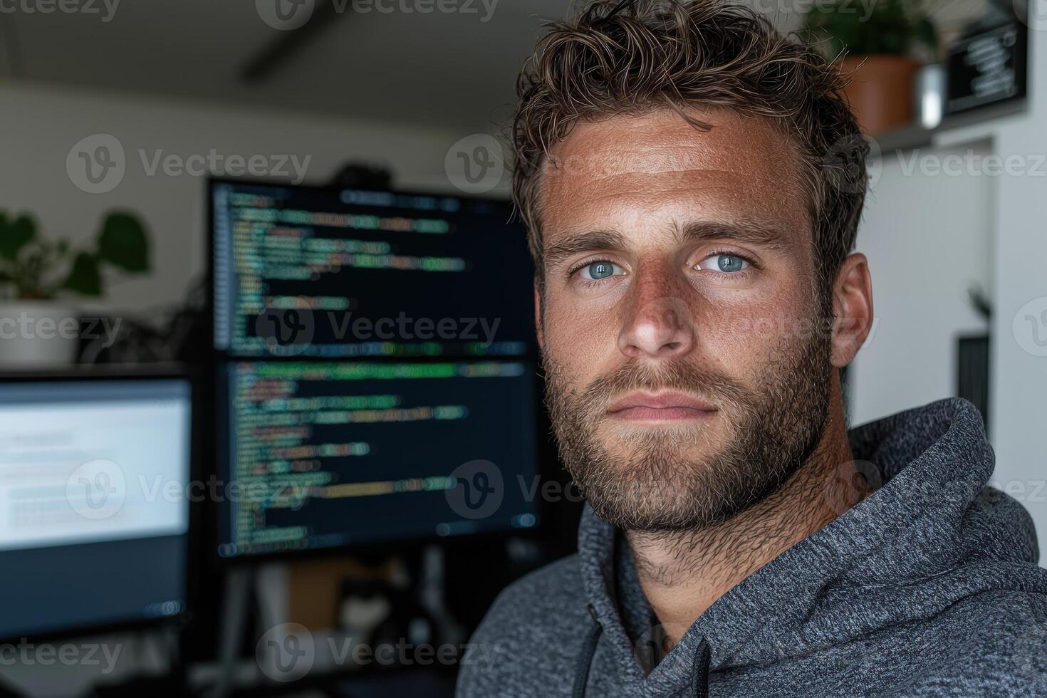 a man in a hoodie standing in front of a computer screen photo