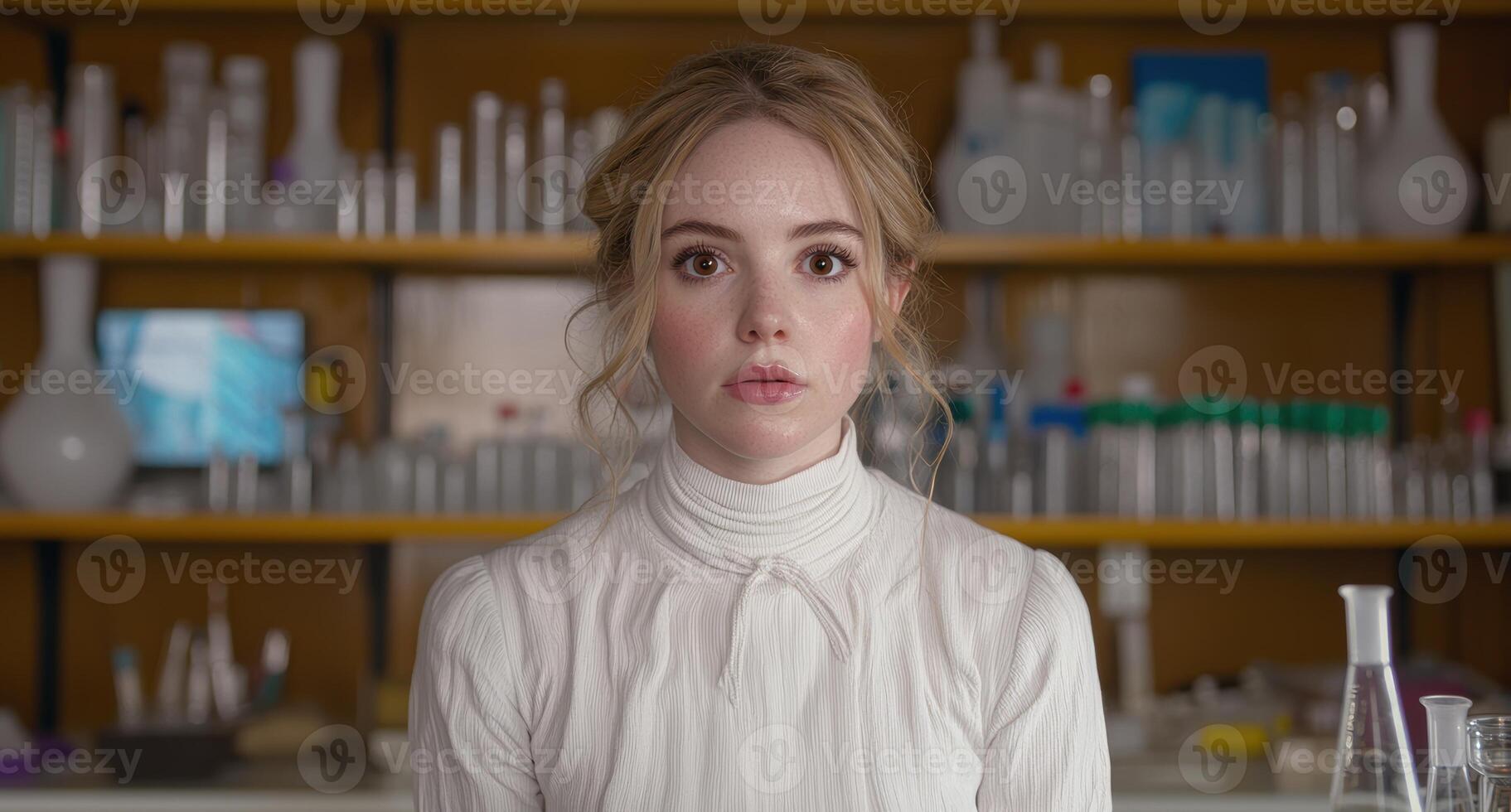 Young woman scientist in a lab coat looking at the camera photo