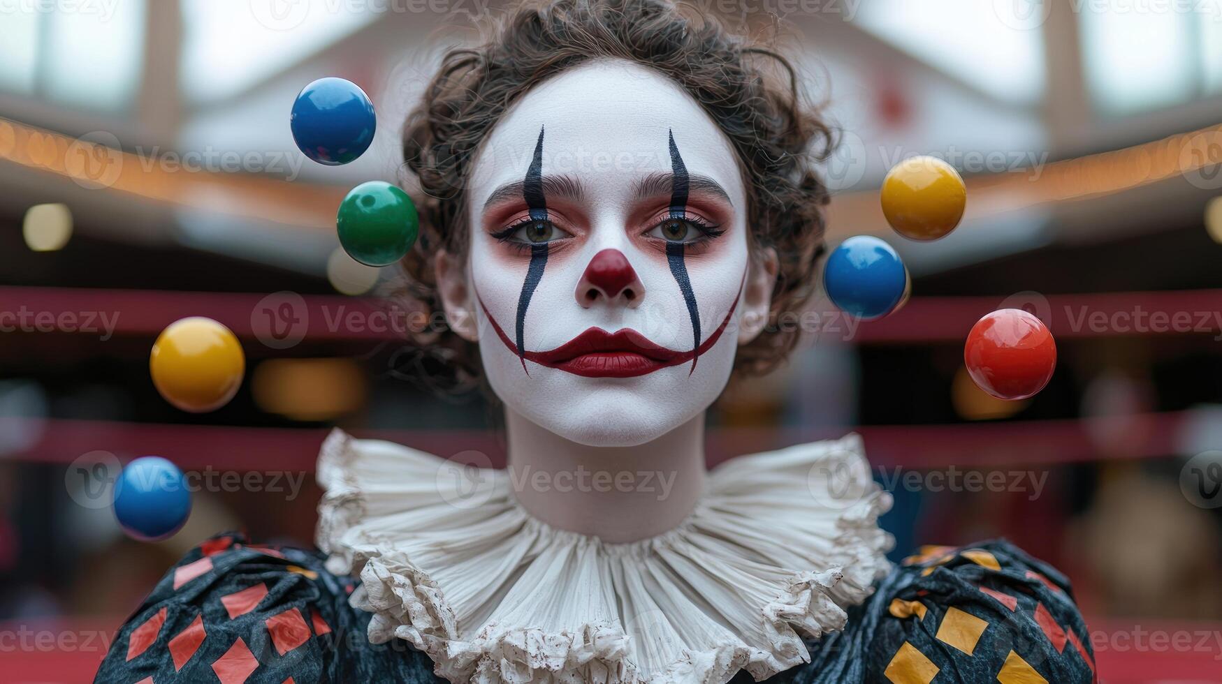 Portrait of a woman in clown makeup juggling colorful balls photo