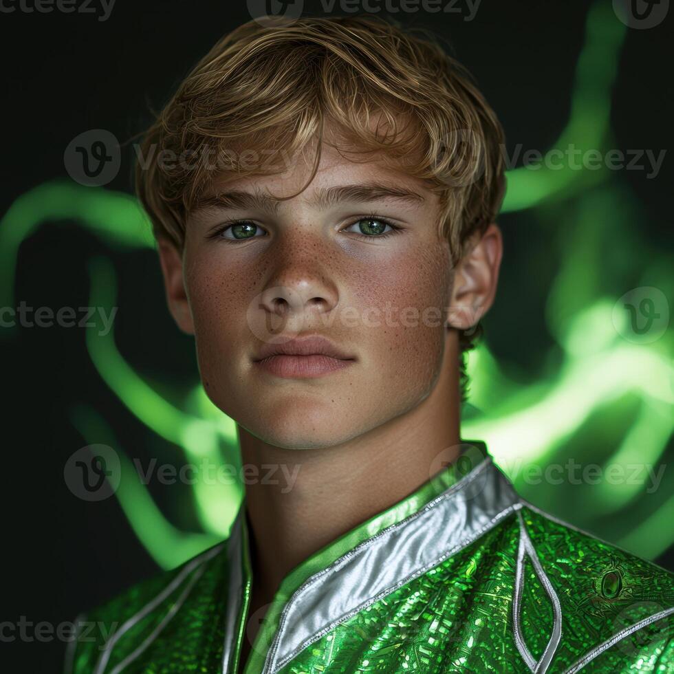 Portrait of a teenage boy with freckles and blond hair, wearing a green sequined jacket against a green background photo