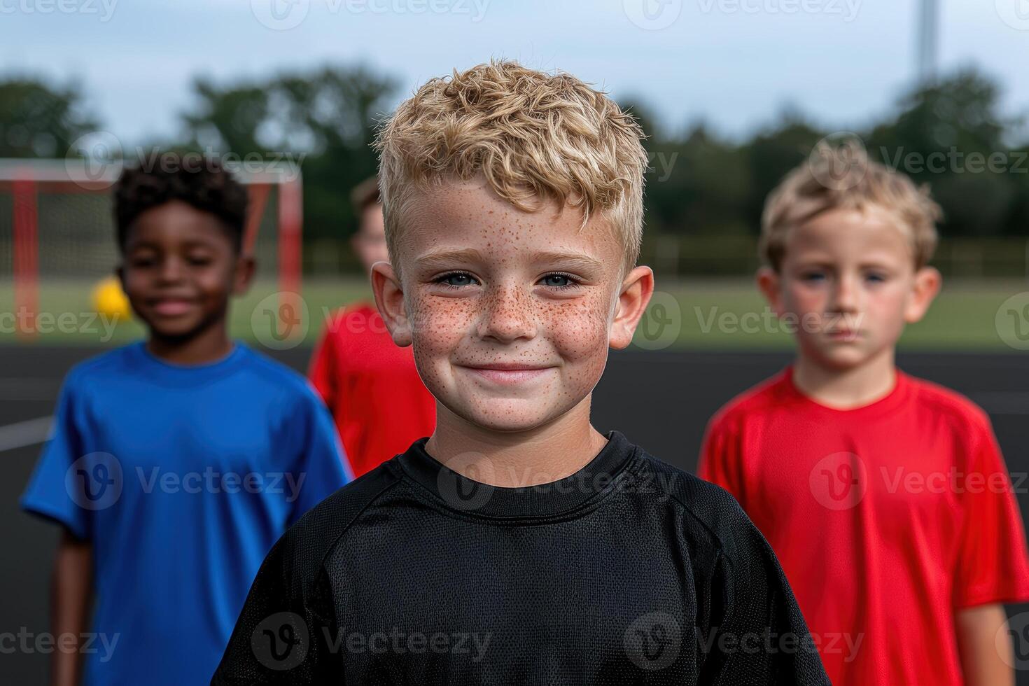 Smiling boy soccer player with freckles in the middle of two other young soccer players photo