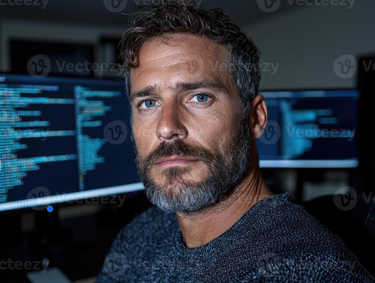 Portrait of a focused male programmer working late at night photo