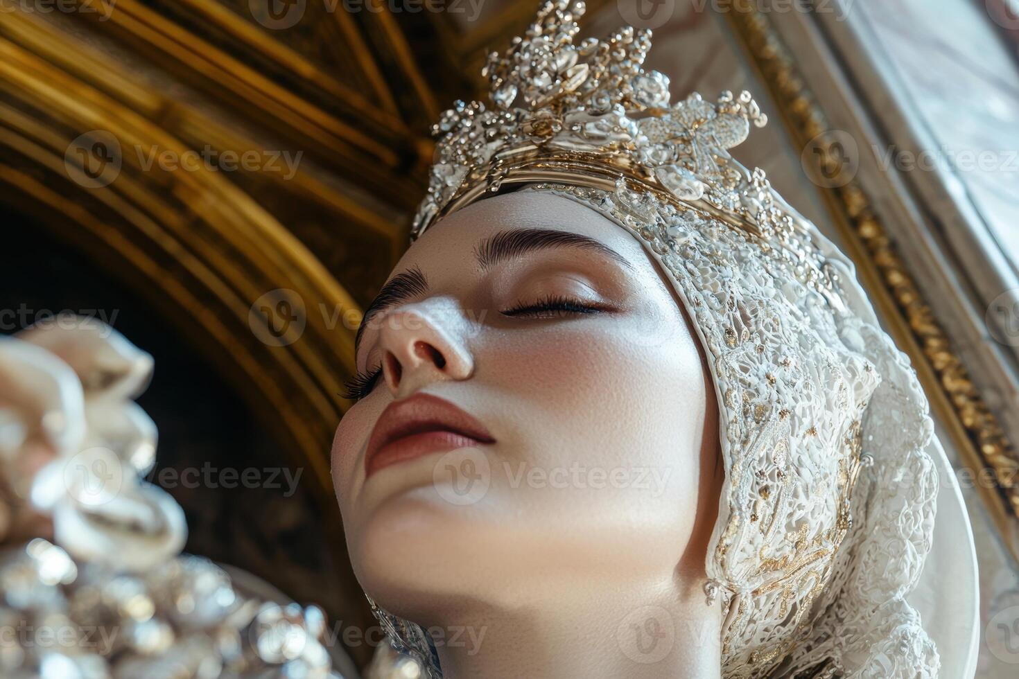 Close up of a woman wearing a beautiful crown and headpiece photo