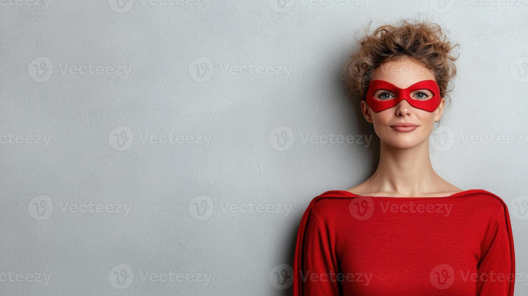 Confident woman in red superhero costume and mask photo