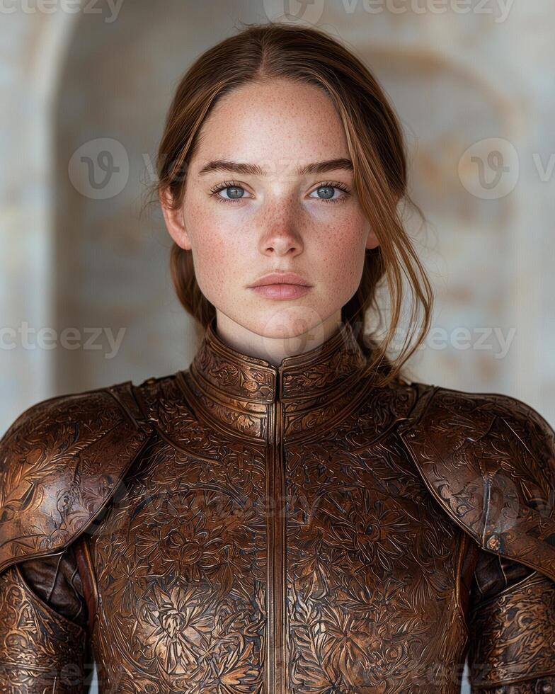 Portrait of a young woman in ornate bronze armor photo