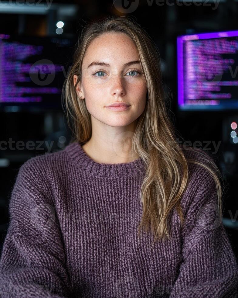 Portrait of a young woman programmer in front of computer screens displaying code photo