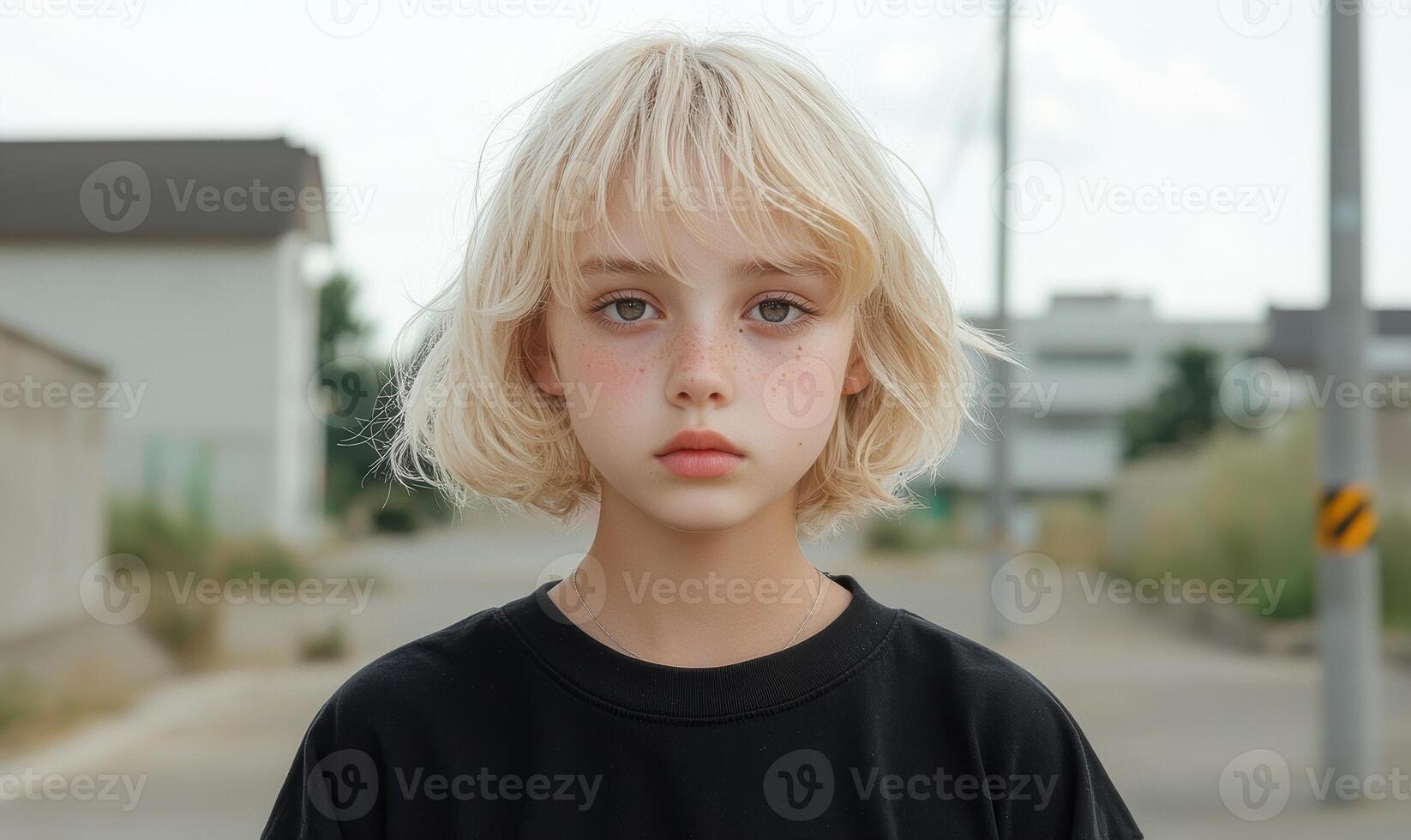 a young girl with blonde hair standing in the middle of a street photo