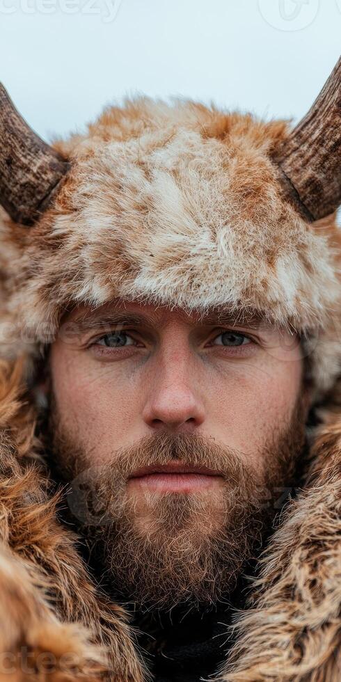 Portrait of a man in a fur hat with horns photo