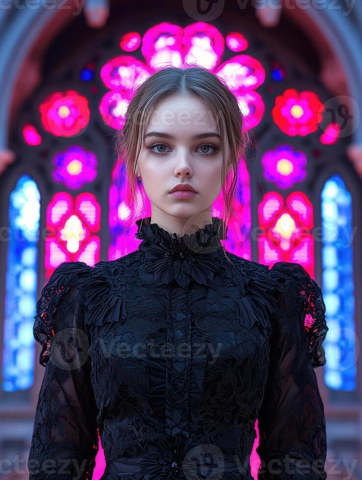 Portrait of a young woman in a black lace dress, standing in front of a stained glass window photo