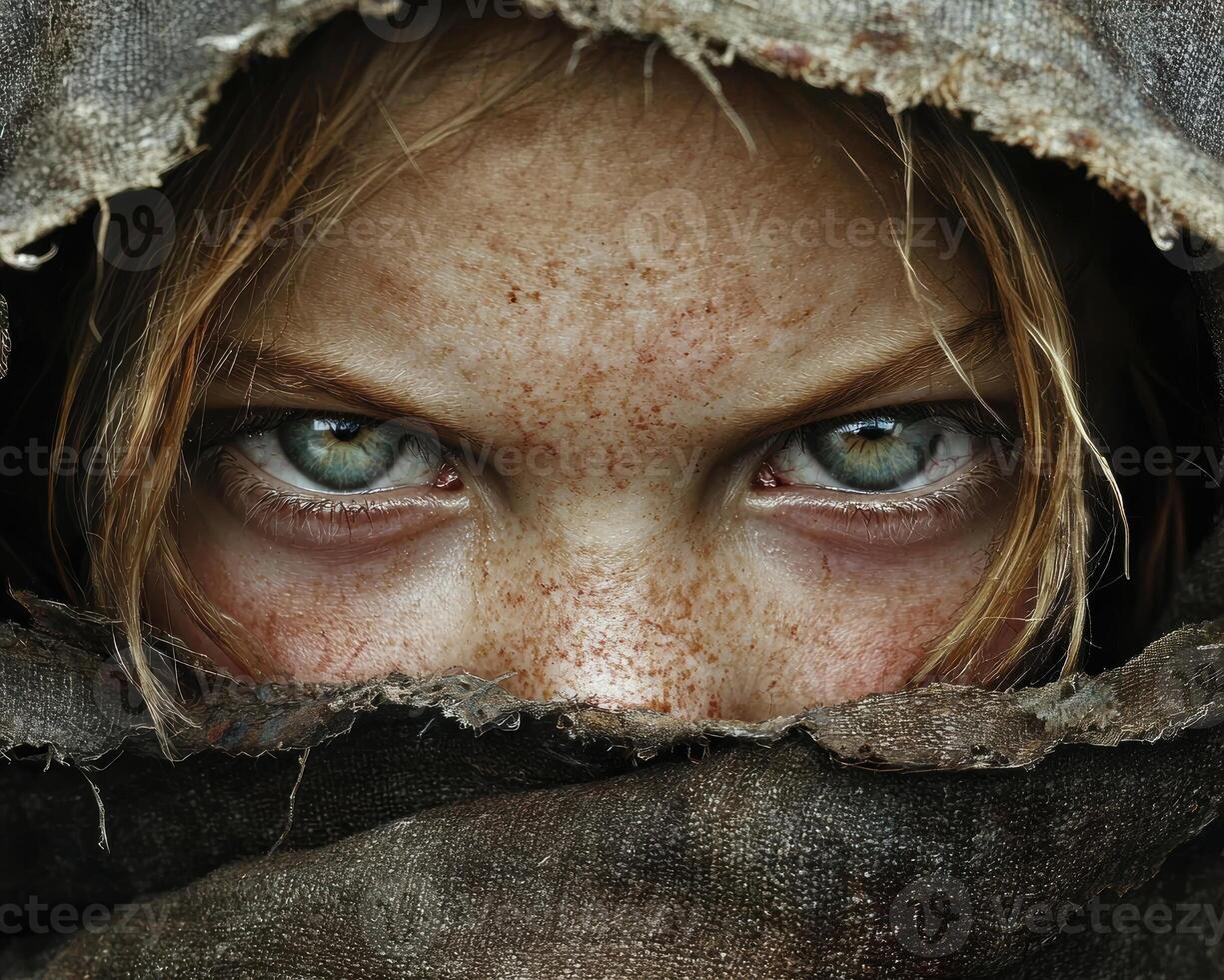 Close up of a womans intense green eyes peering from beneath a ragged hood photo