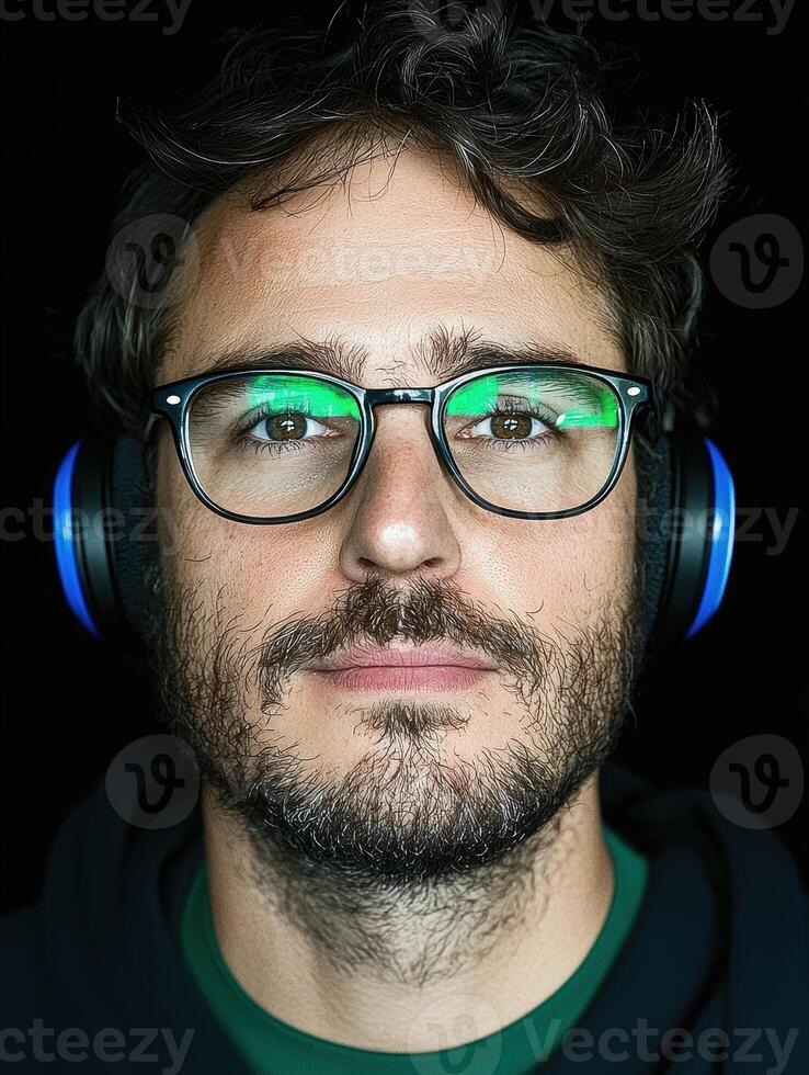 Close up portrait of a man wearing glasses and headphones photo