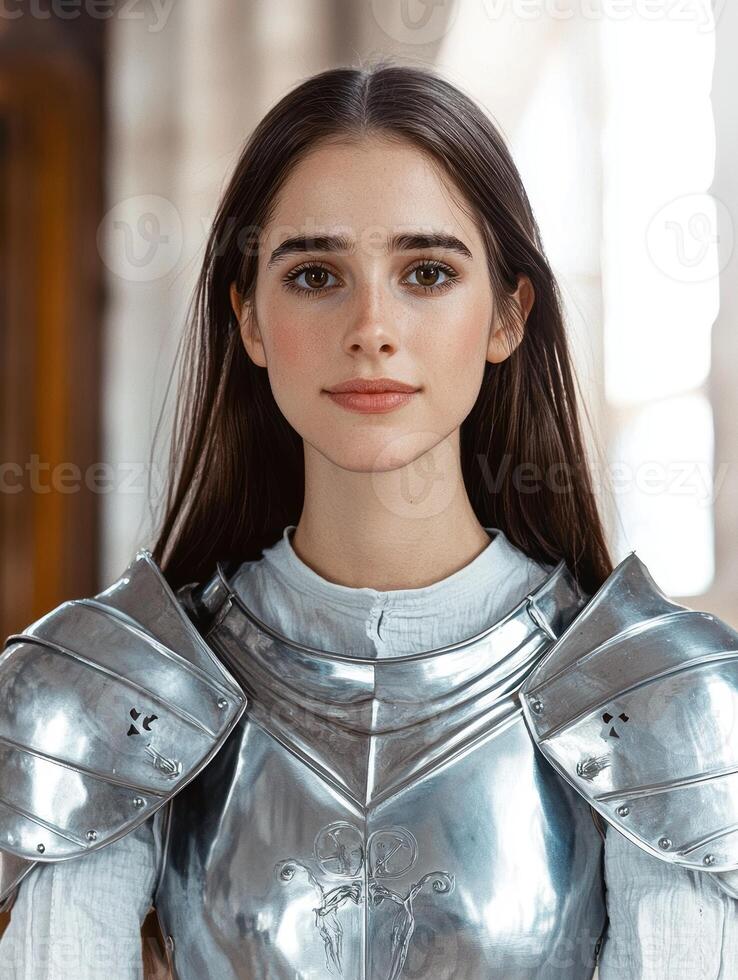 Portrait of a young woman in shining armor photo
