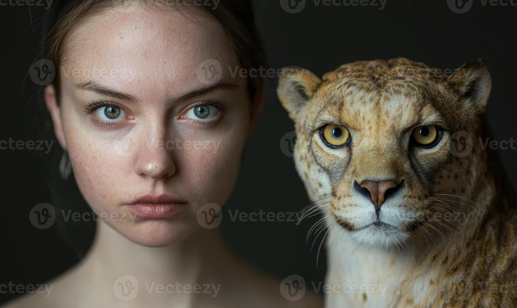Close up portrait of a young woman and a cheetah photo